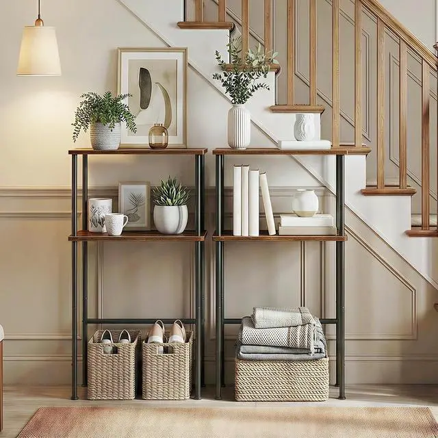 Alt view image 2 of 7 - Narrow Console Table for Small Space, 15.7" Entryway Table with Storage, Sofa Table with 2 Shelves, Skinny Console Table for Entryway, Hallway, Living Room, Rustic Brown and Black BF40XG01