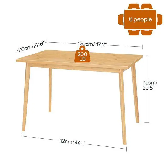 Alt view image 2 of 7 - Dining Table, Bamboo Dining Room Table for 4-6, 47.2" Rectangle Kitchen Table, Easy to Assemble, for Dining Room, Living Room, Office, Kitchen, Apartment, Natural YL120CZ01
