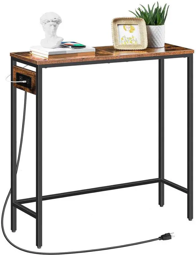 Main image of Narrow Console Table with Power Outlets, 29.5" Small Entryway Table with Charging Station, Thin Sofa Table, Side Table, for Hallway, Bedroom, Living Room, Rustic Brown and Black BF75UXG01