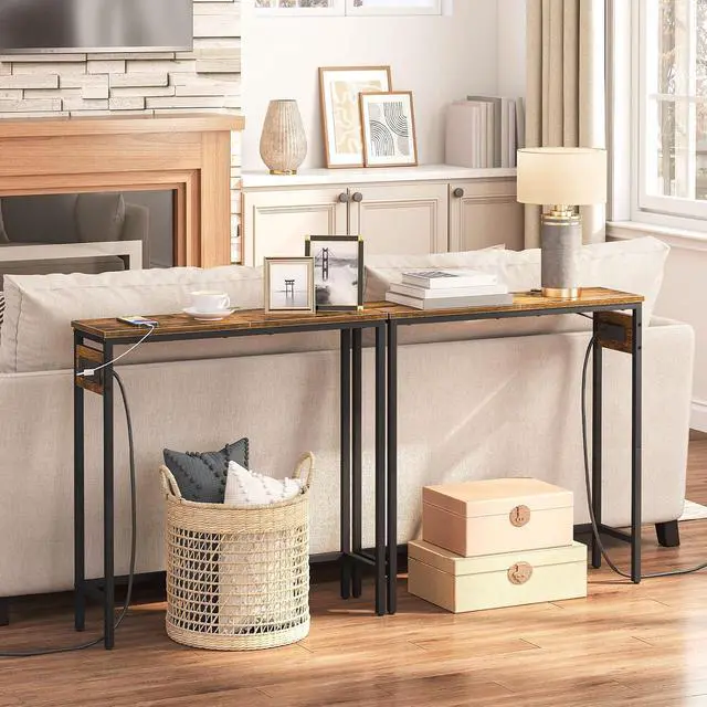 Alt view image 2 of 7 - Narrow Console Table with Power Outlets, 29.5" Small Entryway Table with Charging Station, Thin Sofa Table, Side Table, for Hallway, Bedroom, Living Room, Rustic Brown and Black BF75UXG01