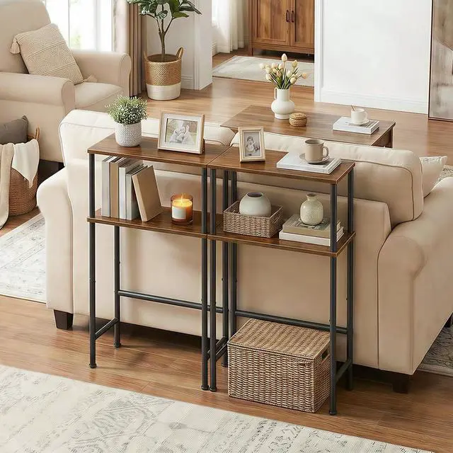 Alt view image 4 of 7 - Narrow Console Table for Small Space, 15.7" Entryway Table with Storage, Sofa Table with 2 Shelves, Skinny Console Table for Entryway, Hallway, Living Room, Rustic Brown and Black BF40XG01