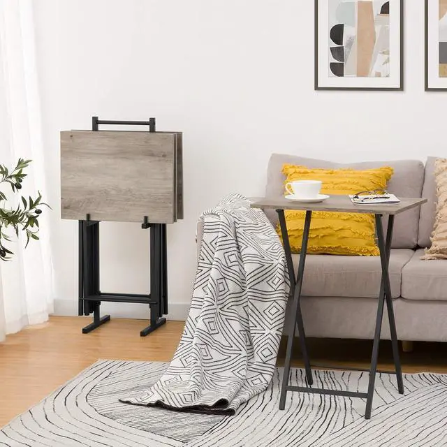 Alt view image 4 of 7 - Folding TV Tray Tables, Set of 4 TV Trays with Storage Rack, Industrial Side Table for Eating at Couch, Foldable Snack Table for Small Space, Easy Assembly, Greige and Black BG50BZ01