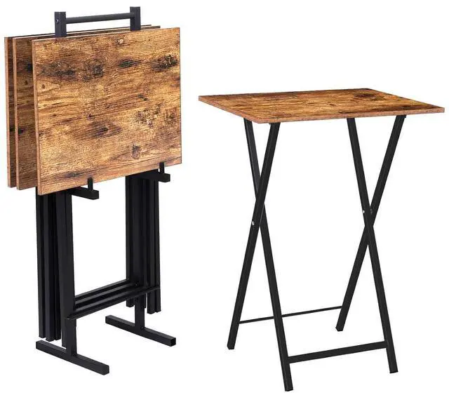 Main image of Folding TV Tray Tables, Set of 4 TV Trays with Storage Rack, Industrial Side Table for Eating at Couch, Foldable Snack Table for Small Space, Easy Assembly, Rustic Brown and Black BF50BZ01