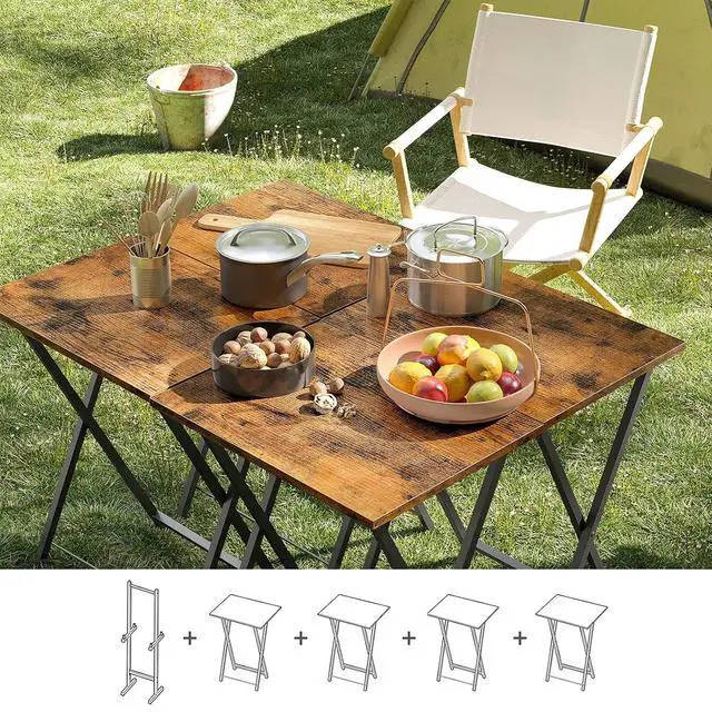 Alt view image 2 of 7 - Folding TV Tray Tables, Set of 4 TV Trays with Storage Rack, Industrial Side Table for Eating at Couch, Foldable Snack Table for Small Space, Easy Assembly, Rustic Brown and Black BF50BZ01