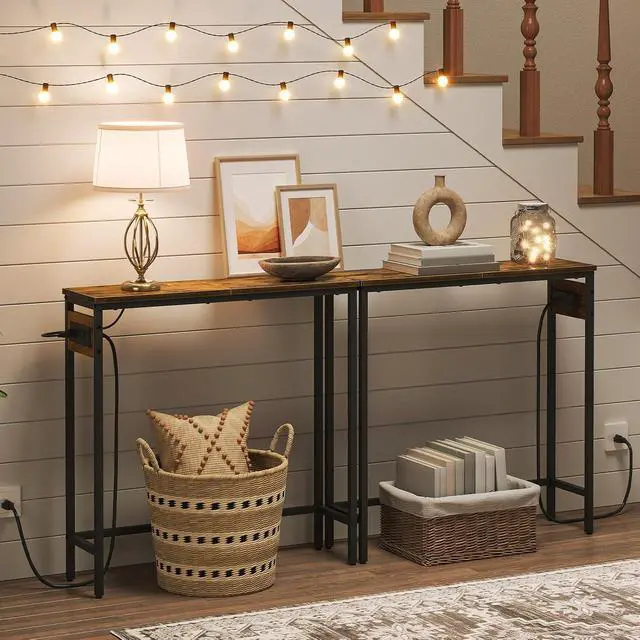 Alt view image 3 of 7 - Narrow Console Table with Power Outlets, 29.5" Small Entryway Table with Charging Station, Thin Sofa Table, Side Table, for Hallway, Bedroom, Living Room, Rustic Brown and Black BF75UXG01