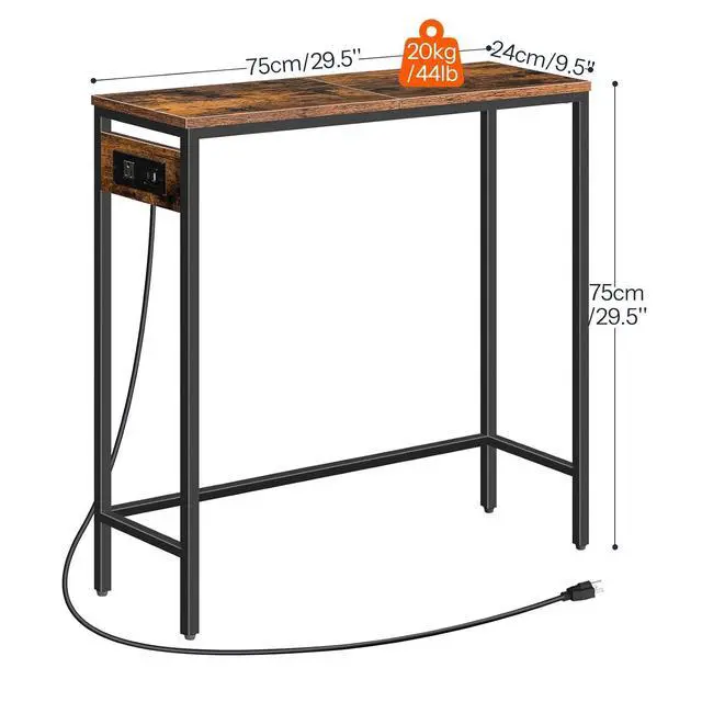 Alt view image 4 of 7 - Narrow Console Table with Power Outlets, 29.5" Small Entryway Table with Charging Station, Thin Sofa Table, Side Table, for Hallway, Bedroom, Living Room, Rustic Brown and Black BF75UXG01