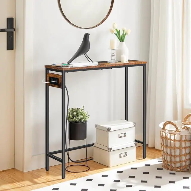 Alt view image 5 of 7 - Narrow Console Table with Power Outlets, 29.5" Small Entryway Table with Charging Station, Thin Sofa Table, Side Table, for Hallway, Bedroom, Living Room, Rustic Brown and Black BF75UXG01
