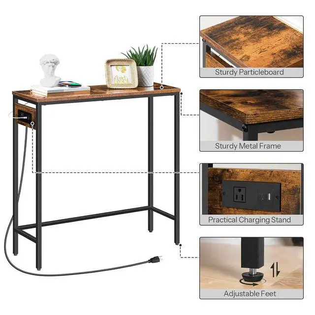 Alt view image 6 of 7 - Narrow Console Table with Power Outlets, 29.5" Small Entryway Table with Charging Station, Thin Sofa Table, Side Table, for Hallway, Bedroom, Living Room, Rustic Brown and Black BF75UXG01