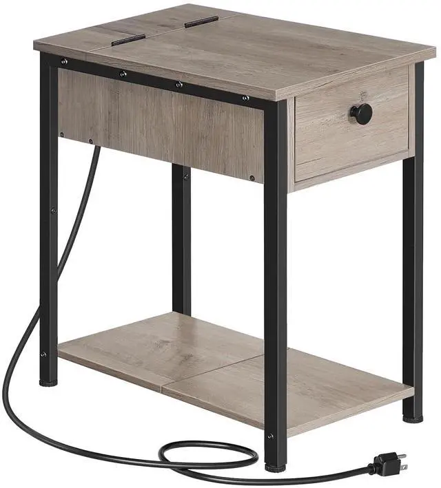 Main image of End Table with Charging Station, Narrow Side Table, Small Nightstand, Bedside Tables with Drawer and Storage Shelves, for Small Spaces, Living Room, Bedroom, Greige and Black BG041BZ01G1