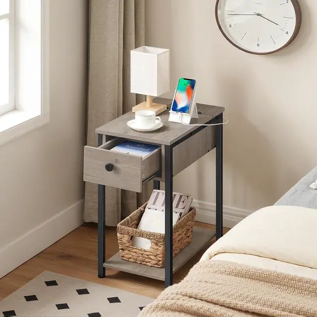 Alt view image 2 of 7 - End Table with Charging Station, Narrow Side Table, Small Nightstand, Bedside Tables with Drawer and Storage Shelves, for Small Spaces, Living Room, Bedroom, Greige and Black BG041BZ01G1