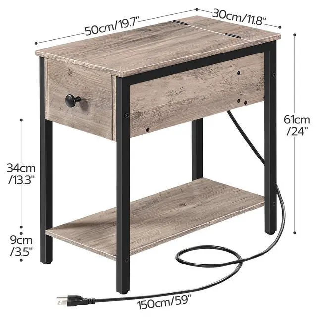 Alt view image 3 of 7 - End Table with Charging Station, Narrow Side Table, Small Nightstand, Bedside Tables with Drawer and Storage Shelves, for Small Spaces, Living Room, Bedroom, Greige and Black BG041BZ01G1