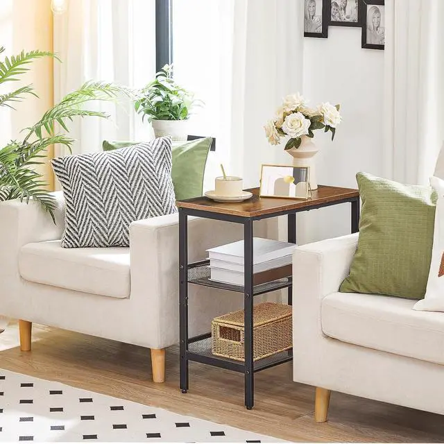 Alt view image 2 of 7 - End Table, 3-Tier Narrow Side Table, Nightstand with 2 Flat or Slant Adjustable Shelves for Small Spaces, Hallway, Living Room, Bedroom, Sturdy, Easy Assembly, Rustic Brown and Black BF23BZ01G1