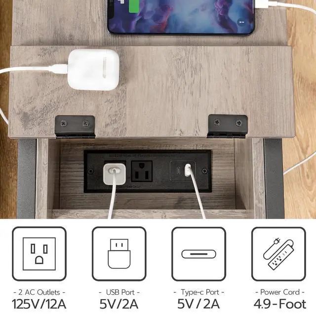 Alt view image 6 of 7 - End Table with Charging Station, Narrow Side Table, Small Nightstand, Bedside Tables with Drawer and Storage Shelves, for Small Spaces, Living Room, Bedroom, Greige and Black BG041BZ01G1