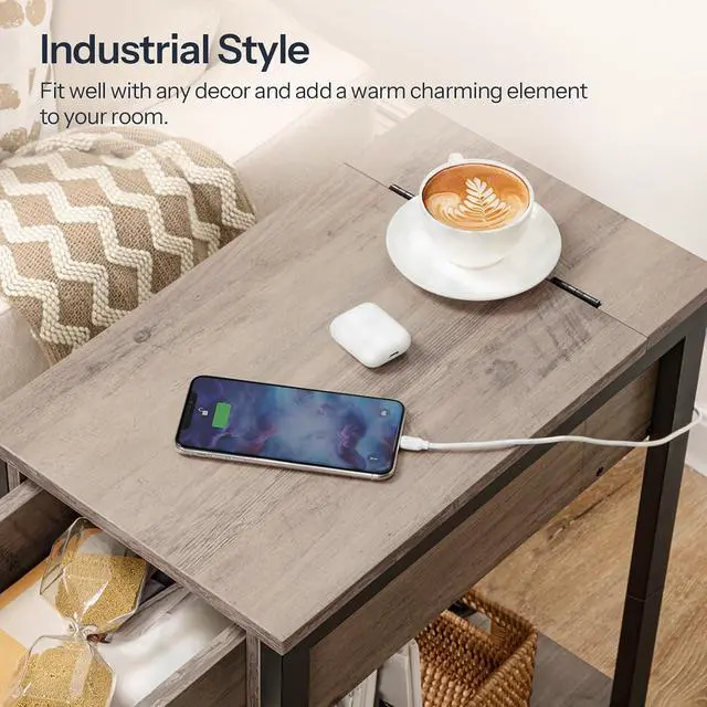 Alt view image 7 of 7 - End Table with Charging Station, Narrow Side Table, Small Nightstand, Bedside Tables with Drawer and Storage Shelves, for Small Spaces, Living Room, Bedroom, Greige and Black BG041BZ01G1