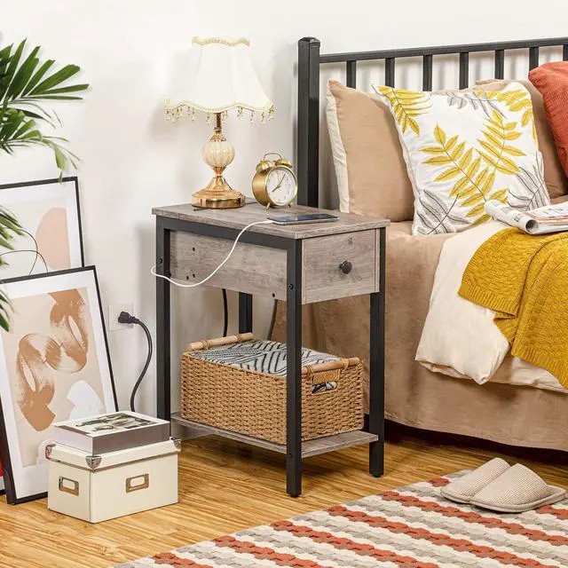 Alt view image 4 of 7 - End Table with Charging Station, Narrow Side Table, Small Nightstand, Bedside Tables with Drawer and Storage Shelves, for Small Spaces, Living Room, Bedroom, Greige and Black BG041BZ01G1