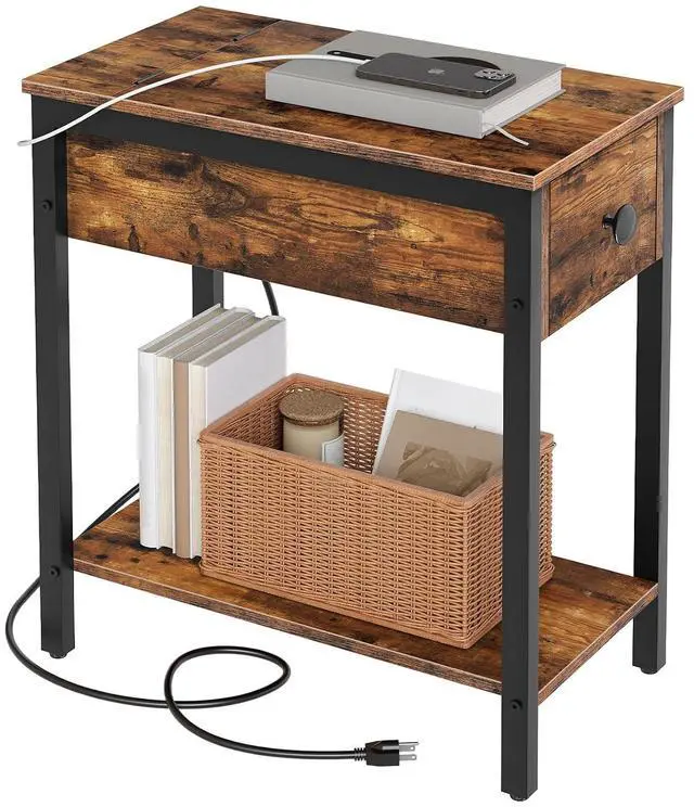 Main image of End Table with Charging Station, Narrow Side Table, Small Nightstand, Bedside Tables with Drawer and Storage Shelves, for Small Spaces, Living Room, Bedroom, Rustic Brown and Black BF041BZ01G1