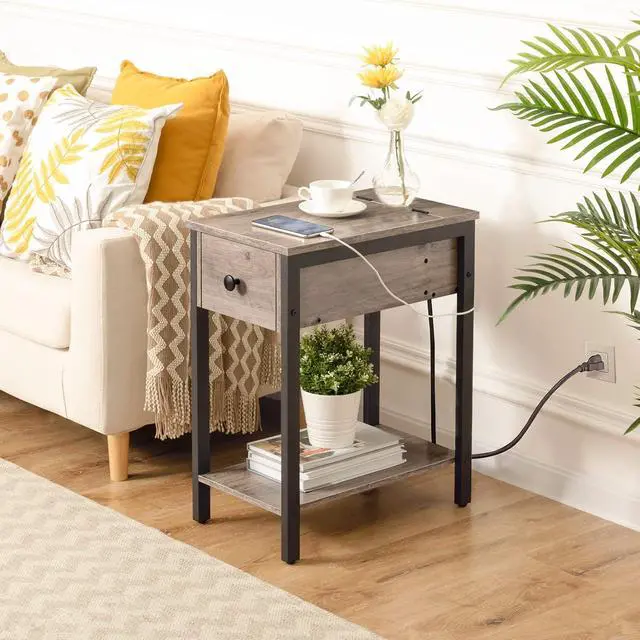 Alt view image 5 of 7 - End Table with Charging Station, Narrow Side Table, Small Nightstand, Bedside Tables with Drawer and Storage Shelves, for Small Spaces, Living Room, Bedroom, Greige and Black BG041BZ01G1