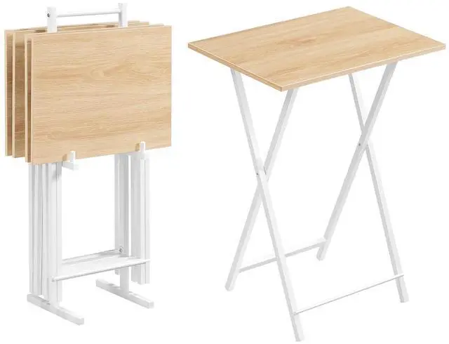 Main image of Folding TV Tray Tables, Set of 4 TV Trays with Storage Rack, Industrial Side Table for Eating at Couch, Foldable Snack Table for Small Space, Easy Assembly, Natural and White, WN50BZ01