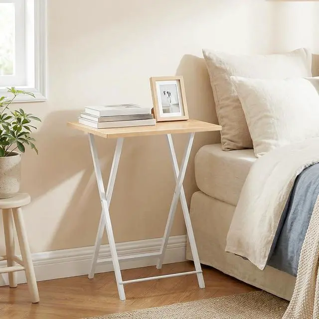 Alt view image 4 of 7 - Folding TV Tray Tables, Set of 4 TV Trays with Storage Rack, Industrial Side Table for Eating at Couch, Foldable Snack Table for Small Space, Easy Assembly, Natural and White, WN50BZ01