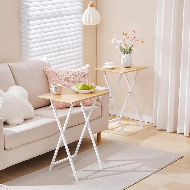 Alt view image 2 of 7 - Folding TV Tray Tables, Set of 4 TV Trays with Storage Rack, Industrial Side Table for Eating at Couch, Foldable Snack Table for Small Space, Easy Assembly, Natural and White, WN50BZ01