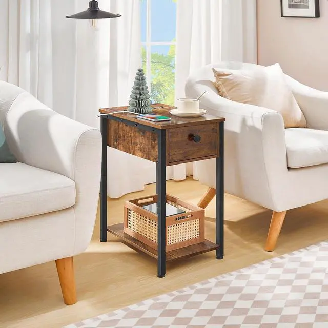 Alt view image 4 of 7 - End Table with Charging Station, Narrow Side Table, Small Nightstand, Bedside Tables with Drawer and Storage Shelves, for Small Spaces, Living Room, Bedroom, Rustic Brown and Black BF041BZ01G1