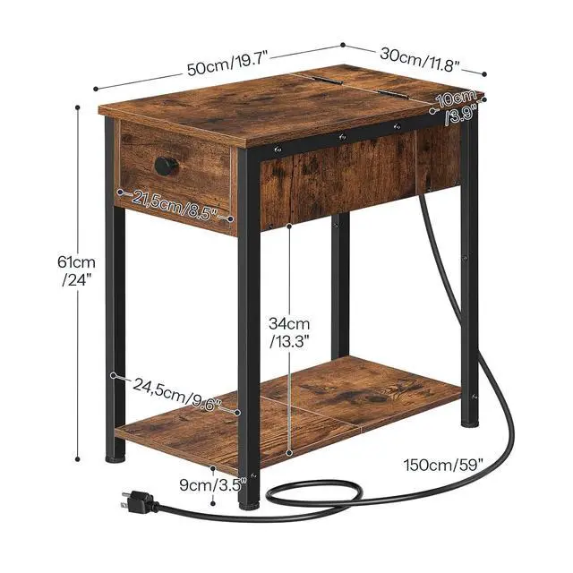 Alt view image 3 of 7 - End Table with Charging Station, Narrow Side Table, Small Nightstand, Bedside Tables with Drawer and Storage Shelves, for Small Spaces, Living Room, Bedroom, Rustic Brown and Black BF041BZ01G1