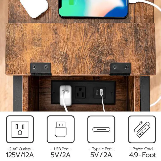 Alt view image 5 of 7 - End Table with Charging Station, Narrow Side Table, Small Nightstand, Bedside Tables with Drawer and Storage Shelves, for Small Spaces, Living Room, Bedroom, Rustic Brown and Black BF041BZ01G1