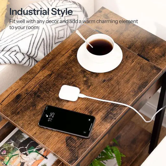 Alt view image 6 of 7 - End Table with Charging Station, Narrow Side Table, Small Nightstand, Bedside Tables with Drawer and Storage Shelves, for Small Spaces, Living Room, Bedroom, Rustic Brown and Black BF041BZ01G1