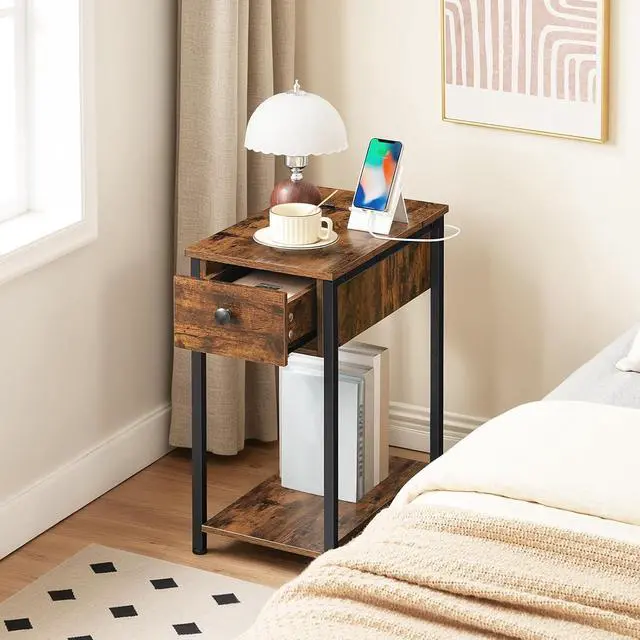 Alt view image 7 of 7 - End Table with Charging Station, Narrow Side Table, Small Nightstand, Bedside Tables with Drawer and Storage Shelves, for Small Spaces, Living Room, Bedroom, Rustic Brown and Black BF041BZ01G1