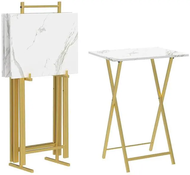 Main image of Folding TV Tray Tables, Set of 4 TV Trays with Storage Rack, Industrial Side Table for Eating at Couch, Foldable Snack Table for Small Space, Easy Assembly, Marble and Gold DM50BZ01