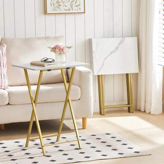 Alt view image 2 of 7 - Folding TV Tray Tables, Set of 4 TV Trays with Storage Rack, Industrial Side Table for Eating at Couch, Foldable Snack Table for Small Space, Easy Assembly, Marble and Gold DM50BZ01