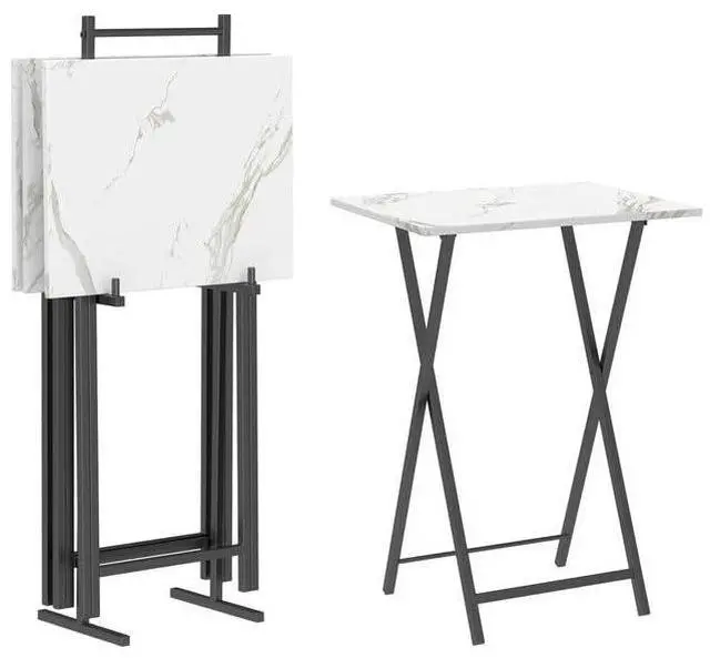 Main image of Folding TV Tray Tables, Set of 4 TV Trays with Storage Rack, Industrial Side Table for Eating at Couch, Foldable Snack Table for Small Space, Easy Assembly, White and Black BW50BZ01