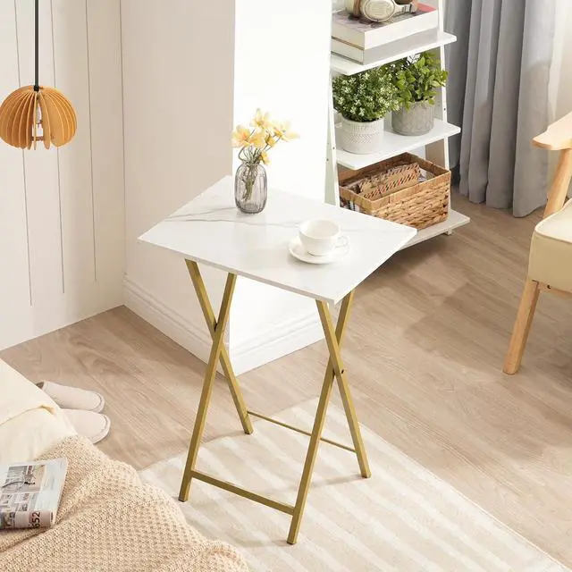 Alt view image 5 of 7 - Folding TV Tray Tables, Set of 4 TV Trays with Storage Rack, Industrial Side Table for Eating at Couch, Foldable Snack Table for Small Space, Easy Assembly, Marble and Gold DM50BZ01
