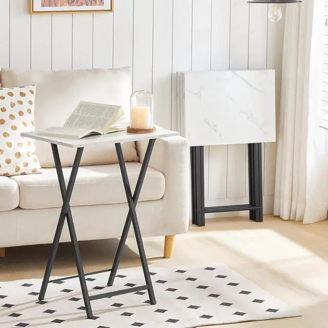 Alt view image 2 of 7 - Folding TV Tray Tables, Set of 4 TV Trays with Storage Rack, Industrial Side Table for Eating at Couch, Foldable Snack Table for Small Space, Easy Assembly, White and Black BW50BZ01
