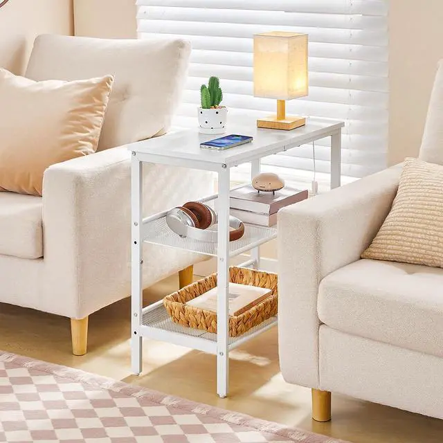 Alt view image 2 of 7 - End Table, 3-Tier Narrow Side Table, Nightstand with 2 Flat or Slant Adjustable Shelves for Small Spaces, Hallway, Living Room, Bedroom, Sturdy, Easy Assembly, White WT23BZ01G1