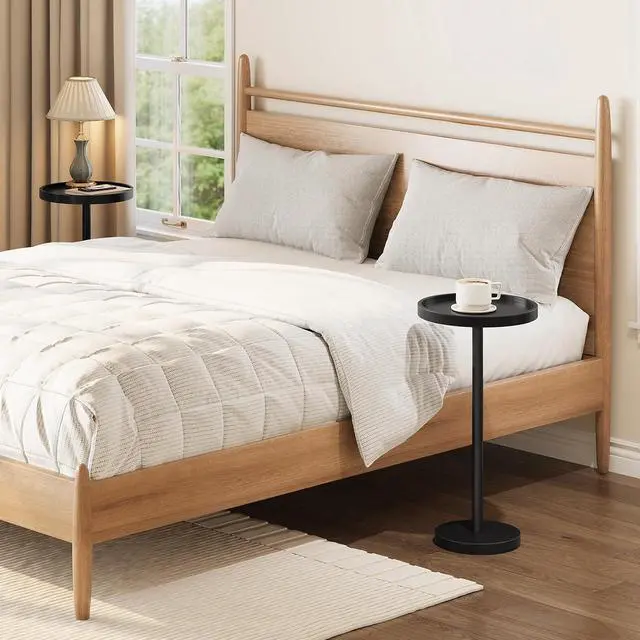 Alt view image 5 of 7 - Small Round Side Table, Bamboo Drink Table, Coffee Martini Table with Pedestal Accent for Small Spaces in Living Room, Bedroom, Sofa Couch, Black BK235BZ01
