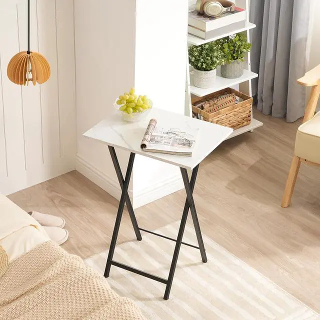 Alt view image 5 of 7 - Folding TV Tray Tables, Set of 4 TV Trays with Storage Rack, Industrial Side Table for Eating at Couch, Foldable Snack Table for Small Space, Easy Assembly, White and Black BW50BZ01