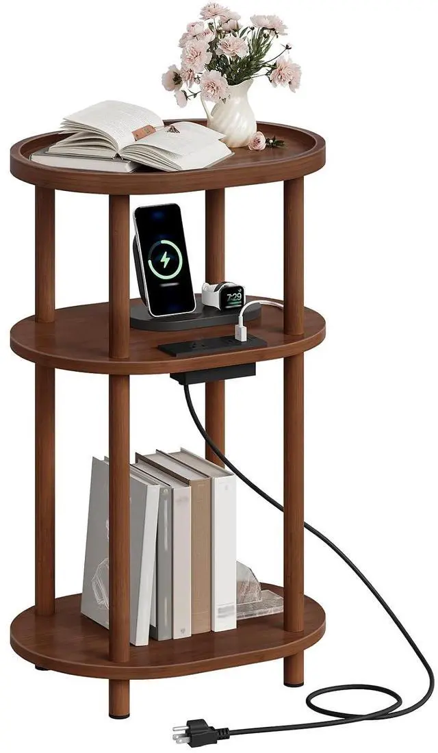 Main image of Small Side Table with Charging Station, 3-Tier Oval Bamboo End Table, Accent Table, Compact Sofa Bedside Table for Small Space, for Living Room, Bedroom, Apartment, Mocha MA177UBZ01