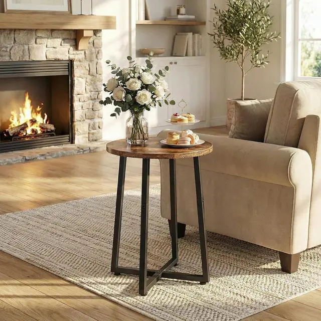 Alt view image 4 of 7 - Side Table, Round End Accent Table with Sturdy Metal Frame, 15.7" Round Nightstand, for Living Room, Bedroom, Balcony, Office, Rustic Brown BF95BZ01