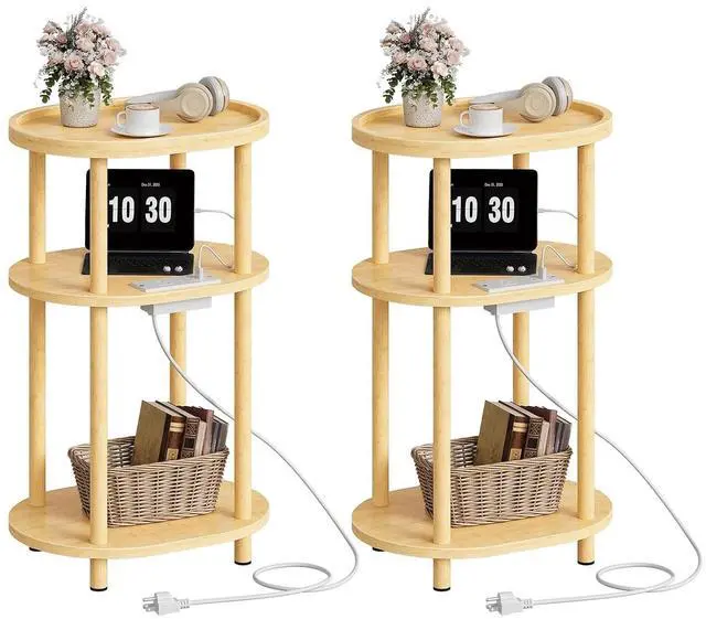 Main image of Small Side Table with Charging Station, 3-Tier Oval Bamboo End Table, Accent Table, Compact Sofa Bedside Table for Small Space, for Living Room, Bedroom, Apartment, Natural YL177UBZP201