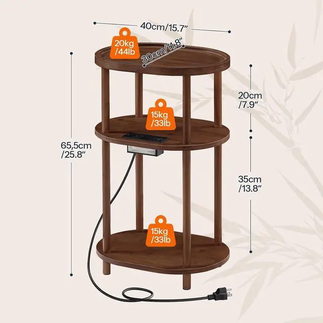 Alt view image 3 of 7 - Small Side Table with Charging Station, 3-Tier Oval Bamboo End Table, Accent Table, Compact Sofa Bedside Table for Small Space, for Living Room, Bedroom, Apartment, Mocha MA177UBZ01