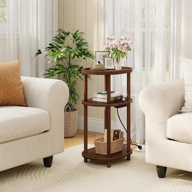 Alt view image 2 of 7 - Small Side Table with Charging Station, 3-Tier Oval Bamboo End Table, Accent Table, Compact Sofa Bedside Table for Small Space, for Living Room, Bedroom, Apartment, Mocha MA177UBZ01