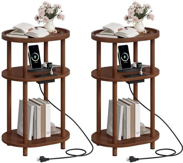 Main image of Small Side Table with Charging Station, 3-Tier Oval Bamboo End Table, Accent Table, Compact Sofa Bedside Table for Small Space, for Living Room, Bedroom, Apartment, Mocha MA177UBZP201