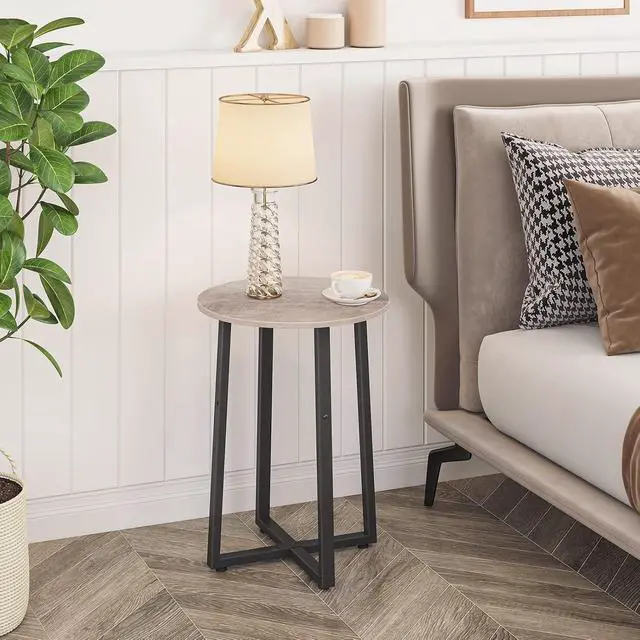 Alt view image 5 of 7 - Side Table, Round End Accent Table with Sturdy Metal Pedestal, 15.7" Round Nightstand, for Living Room, Bedroom, Balcony, Office, Greige BG95BZ01