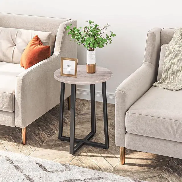 Alt view image 4 of 7 - Side Table, Round End Accent Table with Sturdy Metal Pedestal, 15.7" Round Nightstand, for Living Room, Bedroom, Balcony, Office, Greige BG95BZ01