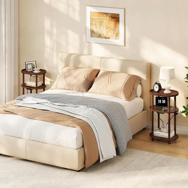 Alt view image 7 of 7 - Small Side Table with Charging Station, 3-Tier Oval Bamboo End Table, Accent Table, Compact Sofa Bedside Table for Small Space, for Living Room, Bedroom, Apartment, Mocha MA177UBZ01