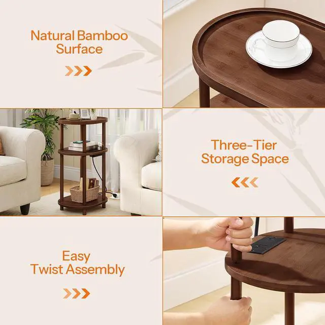 Alt view image 5 of 7 - Small Side Table with Charging Station, 3-Tier Oval Bamboo End Table, Accent Table, Compact Sofa Bedside Table for Small Space, for Living Room, Bedroom, Apartment, Mocha MA177UBZ01