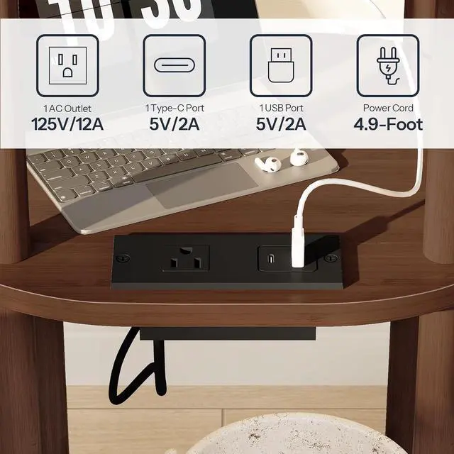 Alt view image 6 of 7 - Small Side Table with Charging Station, 3-Tier Oval Bamboo End Table, Accent Table, Compact Sofa Bedside Table for Small Space, for Living Room, Bedroom, Apartment, Mocha MA177UBZ01