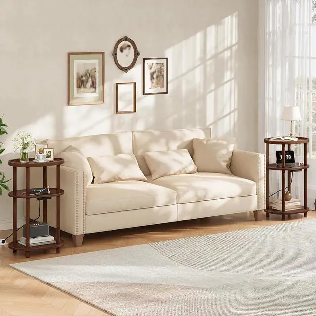 Alt view image 4 of 7 - Small Side Table with Charging Station, 3-Tier Oval Bamboo End Table, Accent Table, Compact Sofa Bedside Table for Small Space, for Living Room, Bedroom, Apartment, Mocha MA177UBZ01