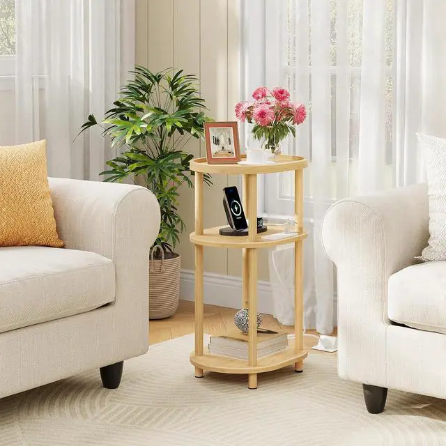 Alt view image 2 of 7 - Small Side Table with Charging Station, Small End Table, 3-Tier Oval Bamboo Accent Table, Compact Sofa Bedside Table, for Living Room, Bedroom, Apartment, Natural YL177UBZ01